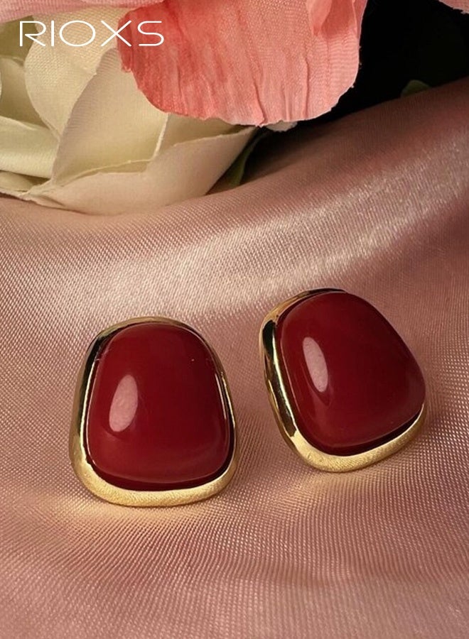 RIOXS Women's Vintage Trapezoid Earrings, Hypoallergenic 925 Sterling Silver Studs Gold-rimmed Eye-Catching Jewelry Elegant, Perfect for Fall Fashion Accessories, Gifts, Parties, Anniversaries, Dating, Red - Image 5